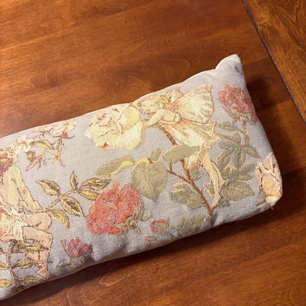 Belgian tapestry lumbar pillow Flemish flower fairies blue green